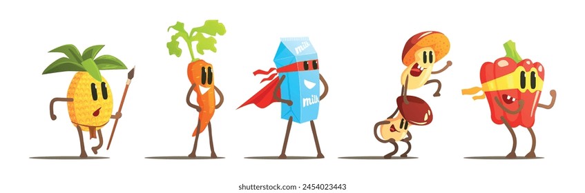Funny Fruit and Vegetable Character Fighting Vector Set