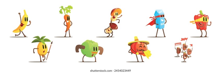 Juego de Vectores de lucha de personajes de frutas y verduras divertidos