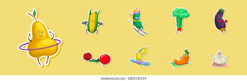 Funny Fruit and Vegetable Doing Sport and Fitness Health Sticker Vector Set