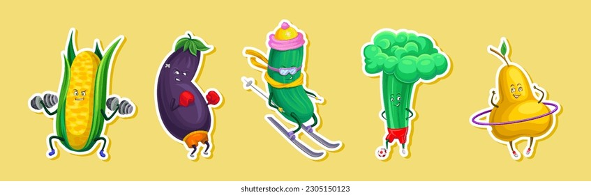 Funny Fruit and Vegetable Doing Sport and Fitness Health Sticker Vector Set