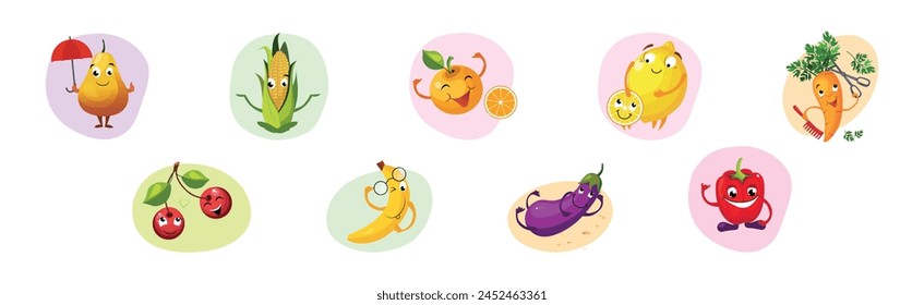 Funny Fruit and Vegetables with Smiling Face Vector Set
