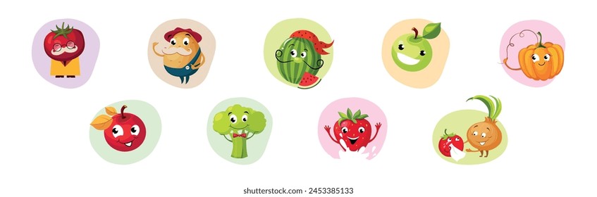 Funny Fruit and Vegetables with Smiling Face Vector Set