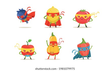 Funny Fruit and Vegetables in Superhero Cloak and Mask Vector Set