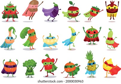 Funny Fruit and Vegetables Wearing Superhero Cloak Vector Illustration Set