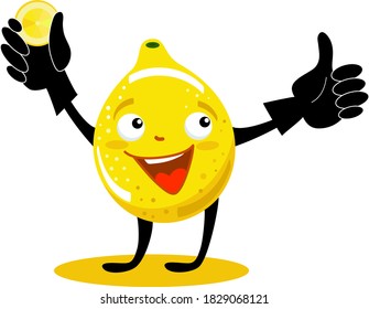 Fruta divertida, limón amarillo. Caricatura con un trozo de limón en la mano. Ilustración del vector sobre fondo blanco