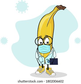 Funny fruits banana character design in medical suit. Tropical Food doctor for kids. Fruit  in medical masks with phonendoscope in cartoon flat style with stroke. Coronavirus background elements