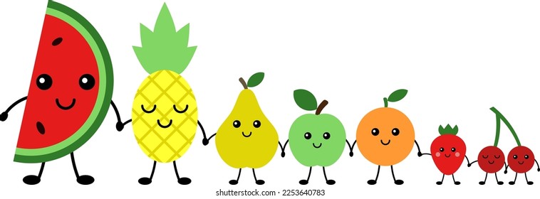 Funny fruits and berries, vector. Watermelon and pineapple, pear and apple, orange, strawberry, cherry. Fruits and berries with cute smiling faces are holding hands.