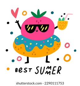 Tarjeta de fruta divertida. Vacaciones de verano. Caricatura de fresa en la fiesta de la piscina de la playa. Pista de baño y cóctel. Vacaciones en verano. Berry dulce con gafas de sol. Vector