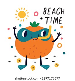 Funny fruits card. Summer vacation. Cartoon orange character at beach. Summertime holiday. Food mascot swimming in sea. Citrus diving with snorkel. Divers happy face