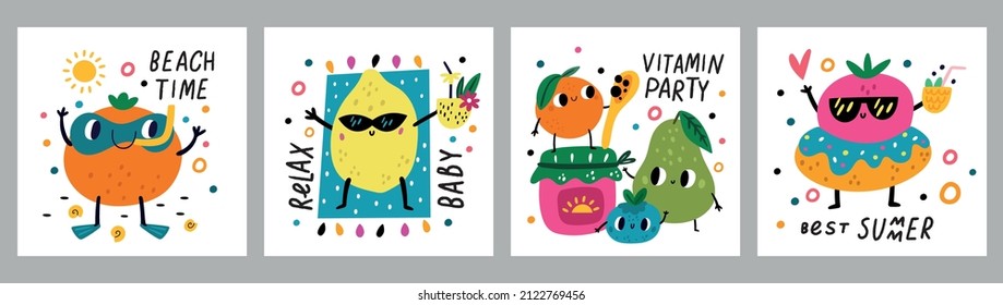 Graciosas cartas de fruta. Personajes jugosos de verano. Feliz naranja y limón descansando en el mar. pera relajante y bayas. Fiesta de vitamina. Accesorios de playa y textos cortos. Vector