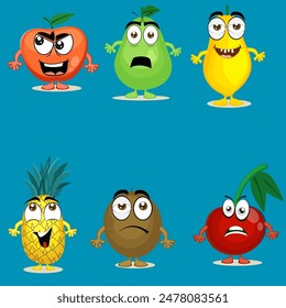 Funny fruits cartoon characters set in different facial expression on blue background.