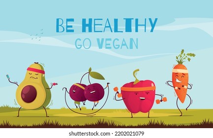 Funny fruits cartoon composition with sporty vegetables and go vegan message vector illustration