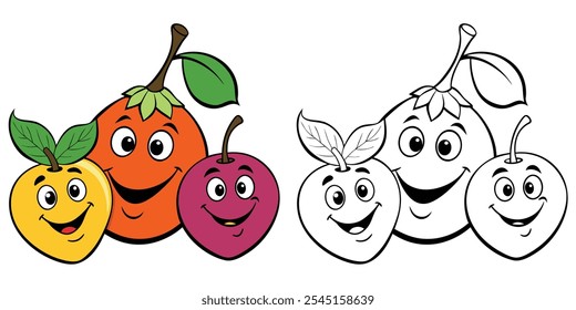 Divertidos dibujos animados de frutas sonrientes para colorear para niños. Fácil de frutas de dibujos animados para colorear libro imprimible. Ilustración vectorial de personajes de dibujos animados de frutas