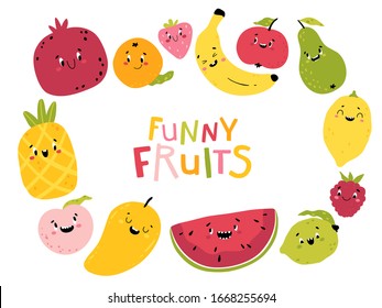 Funny fruits. Cartoon vector collection of kawaii characters. Cute faces of food. Colorful childish illustrations for your design. Isolated on a white background.