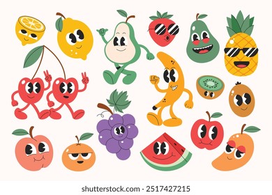 Coleção de personagens de frutas engraçadas. Rosto emoji de frutas sazonais. Adesivos frutas bonitinhas em diferentes expressão emoji no estilo y2k.