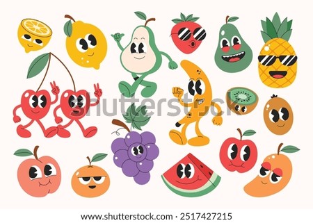 Funny fruits character collection. Seasonal fruits emoji face. Stickers cute fruits in different emoji expression in y2k style.