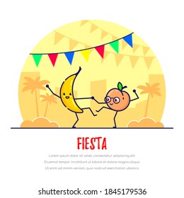 Funny Fruits Couple Dancing on Street. Banana and Peach. Fiesta. White Background