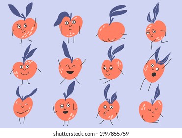 Funny fruits doing activities. Peach mascot in flat style. Trendy illustration concept of peach character. Cute cartoon fruits  with different emotions. Hand drawn stickerpack of fruit emotions.Vector