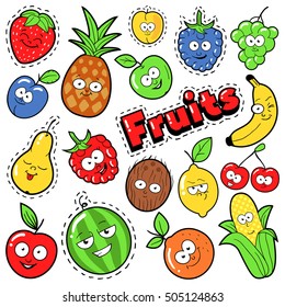 Funny Fruits Emoticons Badges, Patches, Stickers - Banana Apple Pear and Lemon in Pop Art Comic Style. Vector illustration