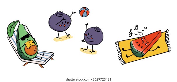 Funny fruits enjoying beach time with kawaii faces and summer activities. Cute vacation and relaxation concept in playful hand drawn character style