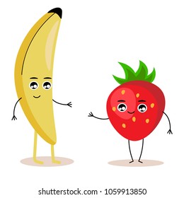 Funny fruits with eyes in flat style. Strawberry and banana. Colorful Vector Clip art. Isolated illustration on white
