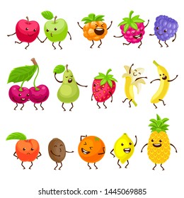 Funny fruits with faces set. Cartoon characters vector illustration with cute healthy juicy fruits. Kawaii style.