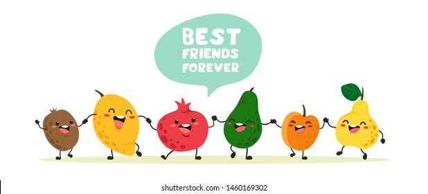Funny fruits go hand in hand with text balloons, handwriting, lettering. Vector illustration in cartoon style.