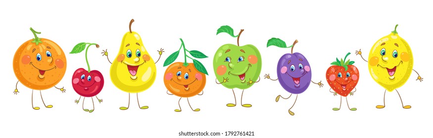 Funny fruits. Green apple, yellow pear, orange, strawberry, lemon, tangerine, blue plum, and red cherry. In a cartoon style. Isolated on white background. Vector flat illustration.