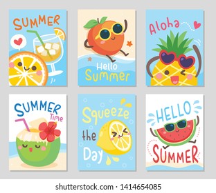 Funny fruits hello summer. Fresh time on the beach, sea sand sun. Meet lemon, pineapple, watermelon, peach, orange and coconut.Set of rectangle gift tag, card, postcard. Vector illustration.
