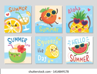 Funny Fruits Hello Summer. Fresh Time On The Beach, Sea Sand Sun. Meet Lemon, Pineapple, Watermelon, Peach, Orange And Coconut. Set Of Square Gift Tag, Card, Badge. Vector Illustration.
