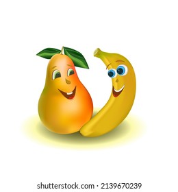 Funny fruits isolated on a white background, vector illustration with cute graphic fruits, banana and pear. Cute print for children's clothes. Decoration of juices, yoghurts, muesli, sweets.