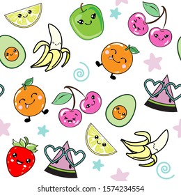 Funny fruits in kawaii style collection on a white background. Orange, lemon, strawberry, banana and cherry seamless pattern