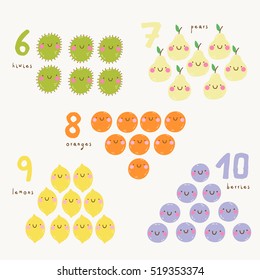 Funny fruits. Learn to count from 1 to 5 illustrated poster. Cute vector collection with Kiwi, Pear, Orange, Lemon and Berries.
