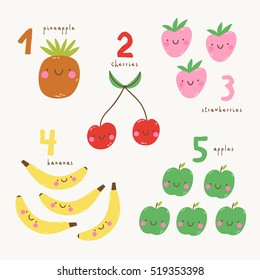 Funny fruits. Learn to count from 1 to 5 illustrated poster. Cute vector collection with Pineapple, Cherry, Strawberry, Banana and Apple.