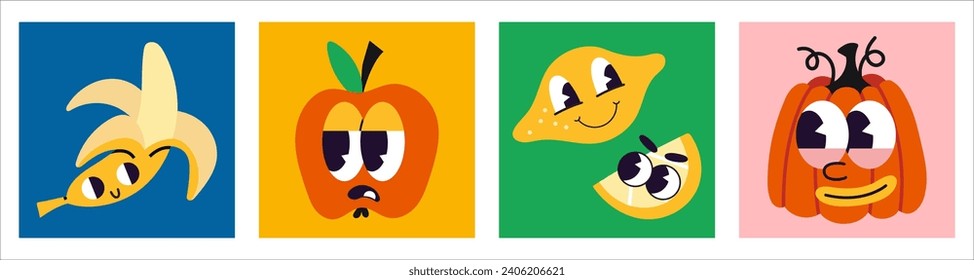 Funny fruits like banana, apple, lemon and pumpkin with eyes and mouth, cartoon style, vintage groovy character. Square colorful icons. Trendy modern vector illustration, hand drawn, flat design