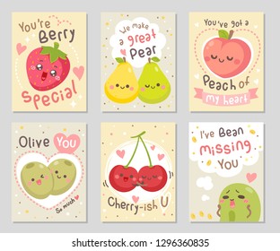 Funny fruits love quotes. Here are fruits full of love! Sayings You're berry special, great pear, peach of my heart, olive you, and more. Set of rectangle gift tag, card, postcard. Vector illustration