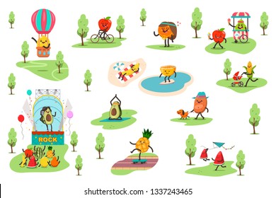 Funny fruits in the park spend different outdoor activities and play sports. Cute food vector cartoon characters set isolated on white background.