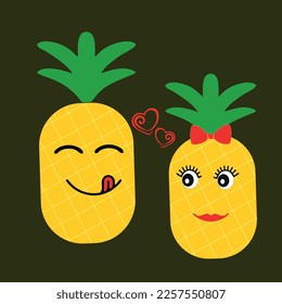 Funny fruits. Pineapples in love - he and she with a red bow and red lips. Vector illustration.