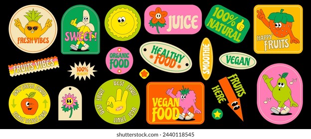 Funny Fruits. Retro groovy sticker and patch. Comic characters of strawberry, banana, watermelon, apple, slogan, quotes and other elements. Summer vector illustration. 