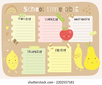 Funny Fruits School Timetable, plantilla de programación de lección. Ilustración vectorial. Gráfico de la semana con manzana, banana, pera, limón