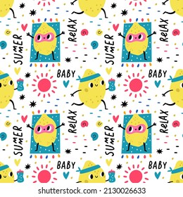 Funny fruits seamless pattern. Cute hand drawn lemons with water bottle and beach mat. Tropical summer citruses. Happy sunbathing characters. Summertime relaxation