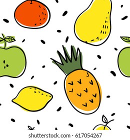 Funny fruits seamless pattern: lemon, apple, pear, pineapple. Colorful summer texture for paper, printed materials, textile. Doodle hand drawn style. Vegan, farm, natural food illustration