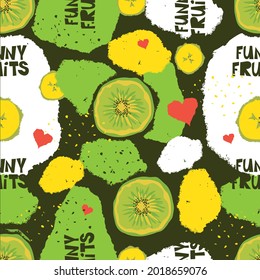 Funny fruits! Seamless patterns with cute animated cartoon fruits. They can be used for children's fabrics, creativity, packaging paper.