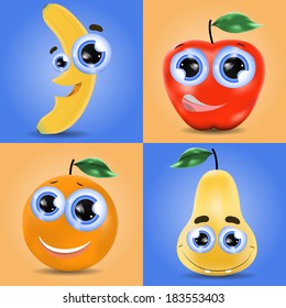 Funny fruits set of banana, orange, pear and apple vector cartoons