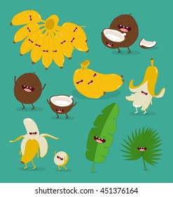 Funny fruits set. Bananas, coconuts and leafs. Vector illustrations. You can use in the menu, in the shop, in the bar, the card or stickers.