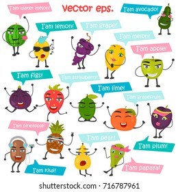 Funny fruits set color flat icons