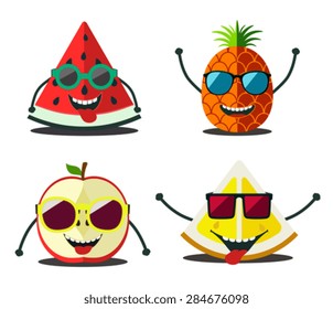 Funny fruits set. Design cartoon slices food  of pineapple, lemon, apple, watermelon