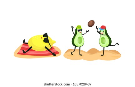 Funny Fruits Sunbathing and Playing Volleyball on Beach Vector Set