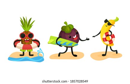 Funny Fruits Surfboarding and Sunbathing on Beach Vector Set