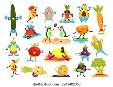 Funny Fruits and Vegetable Doing Sport and Physical Exercise Big Vector Set